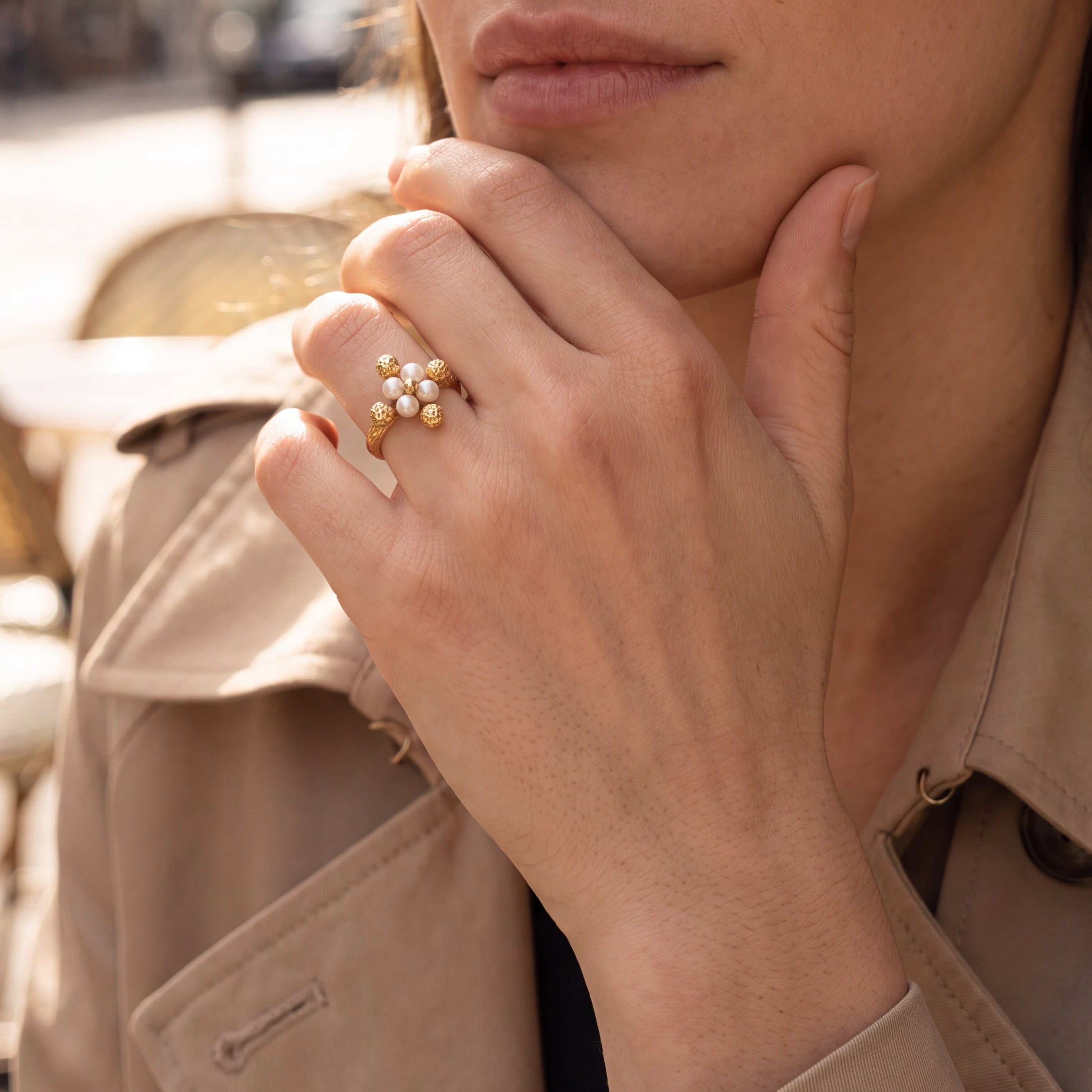 Lapponia Helmikukka Yellow Gold Cocktail Ring with Pearls