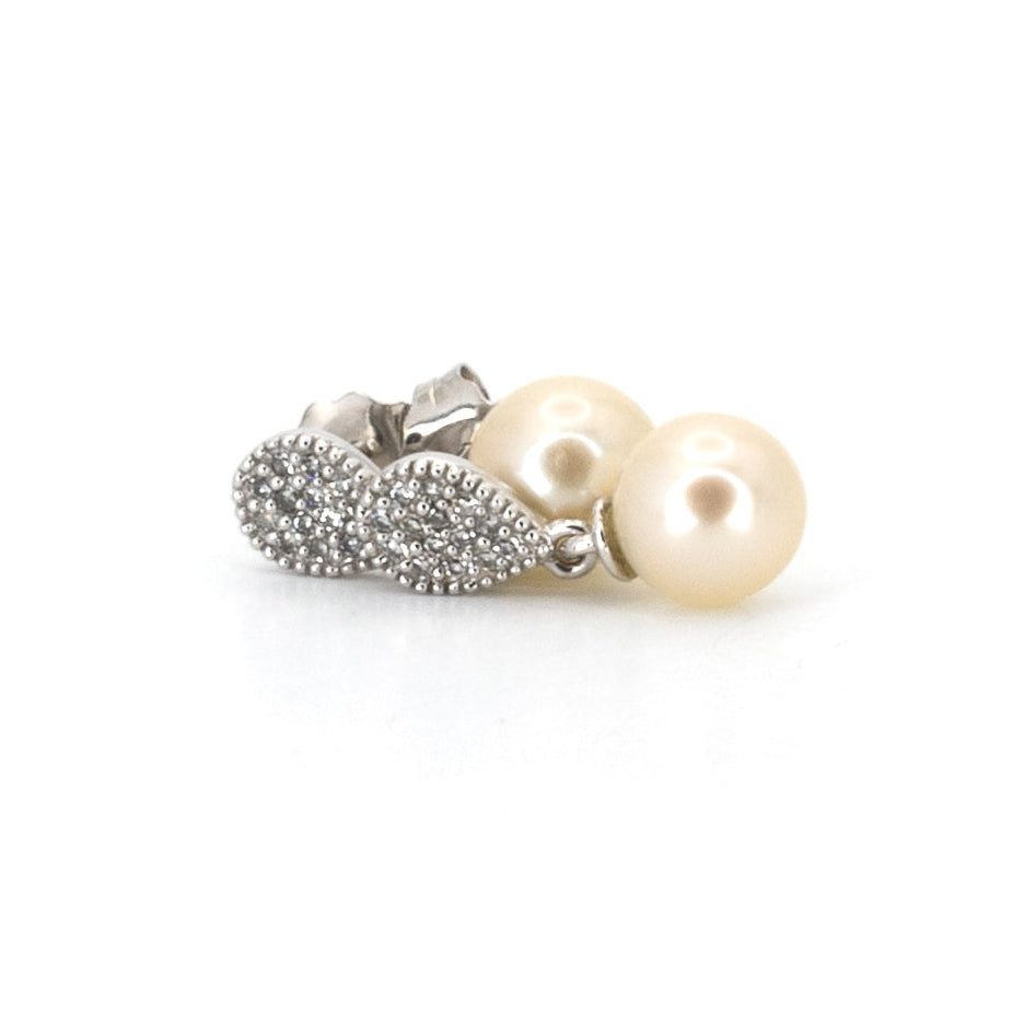 White Gold & Diamond Drop Pearl Earrings