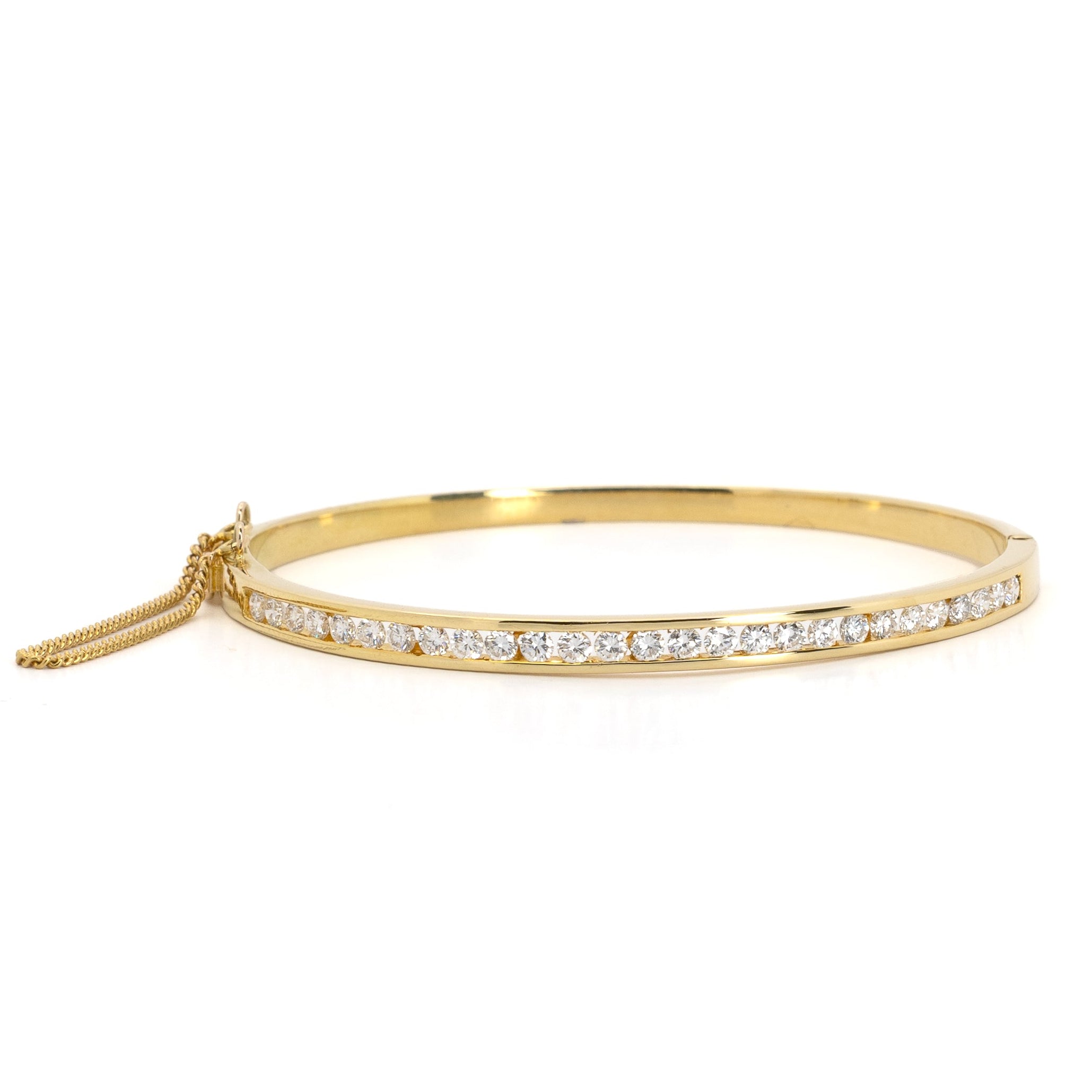 Yellow Gold Diamond Bangle with Safety Chain