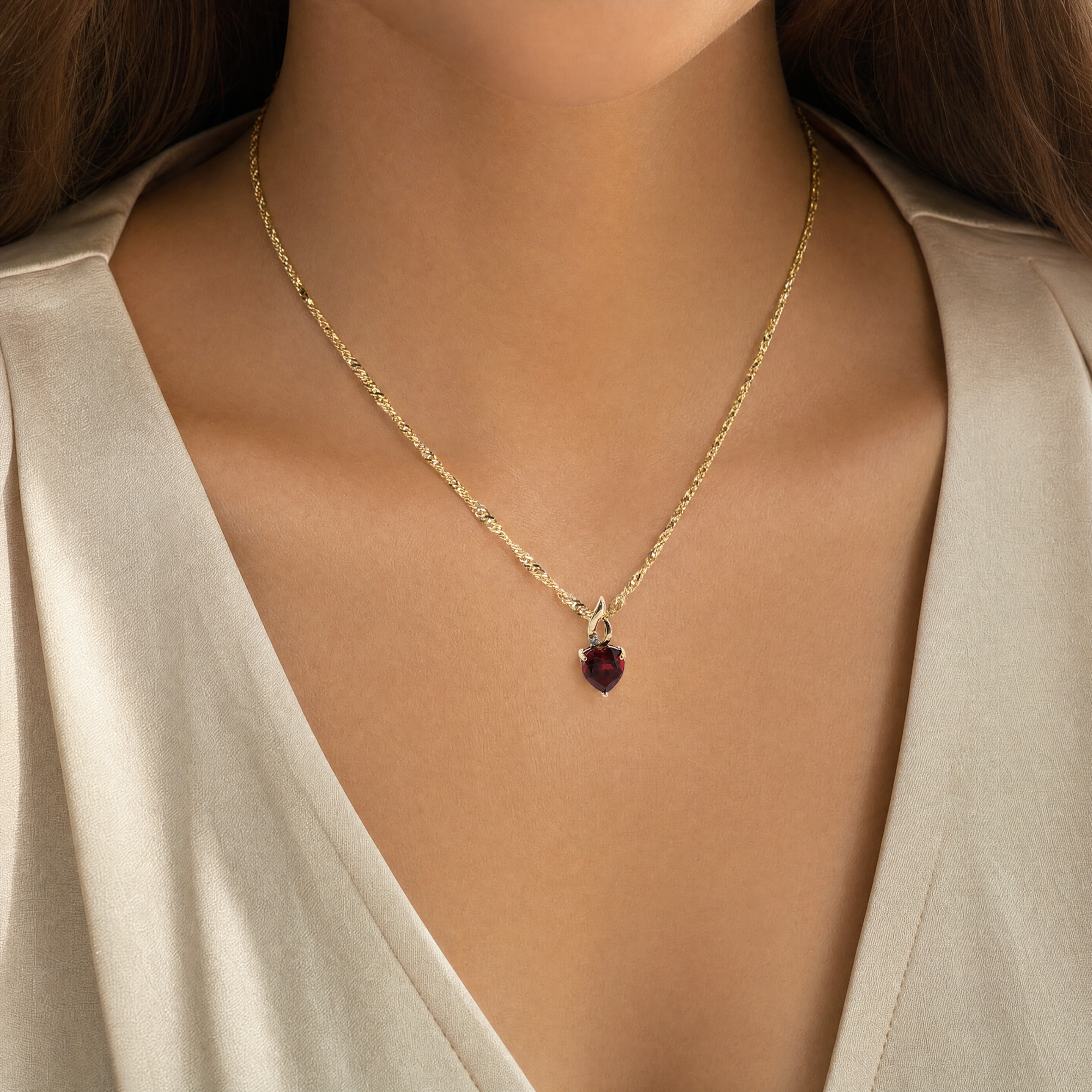 Yellow Gold Necklace with Synthetic Ruby and Diamond Pendant worn on model