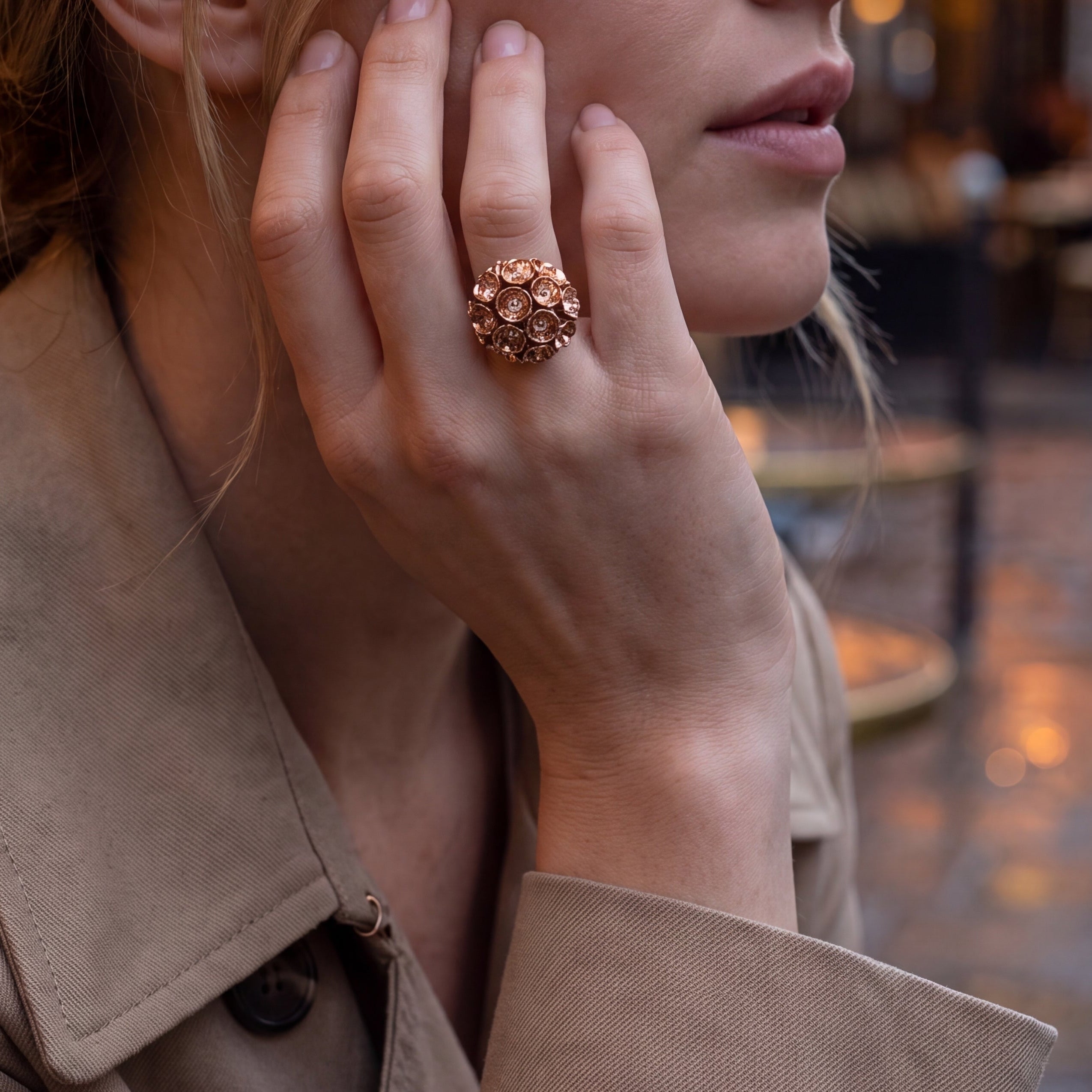 Liisa Vitali Kevät Yellow Gold Cocktail Ring with Floral Dome