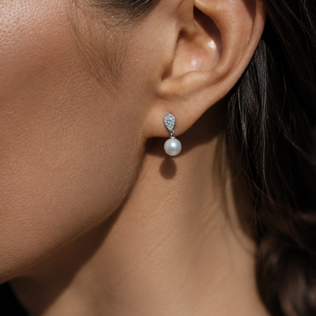 White Gold & Diamond Drop Pearl Earrings