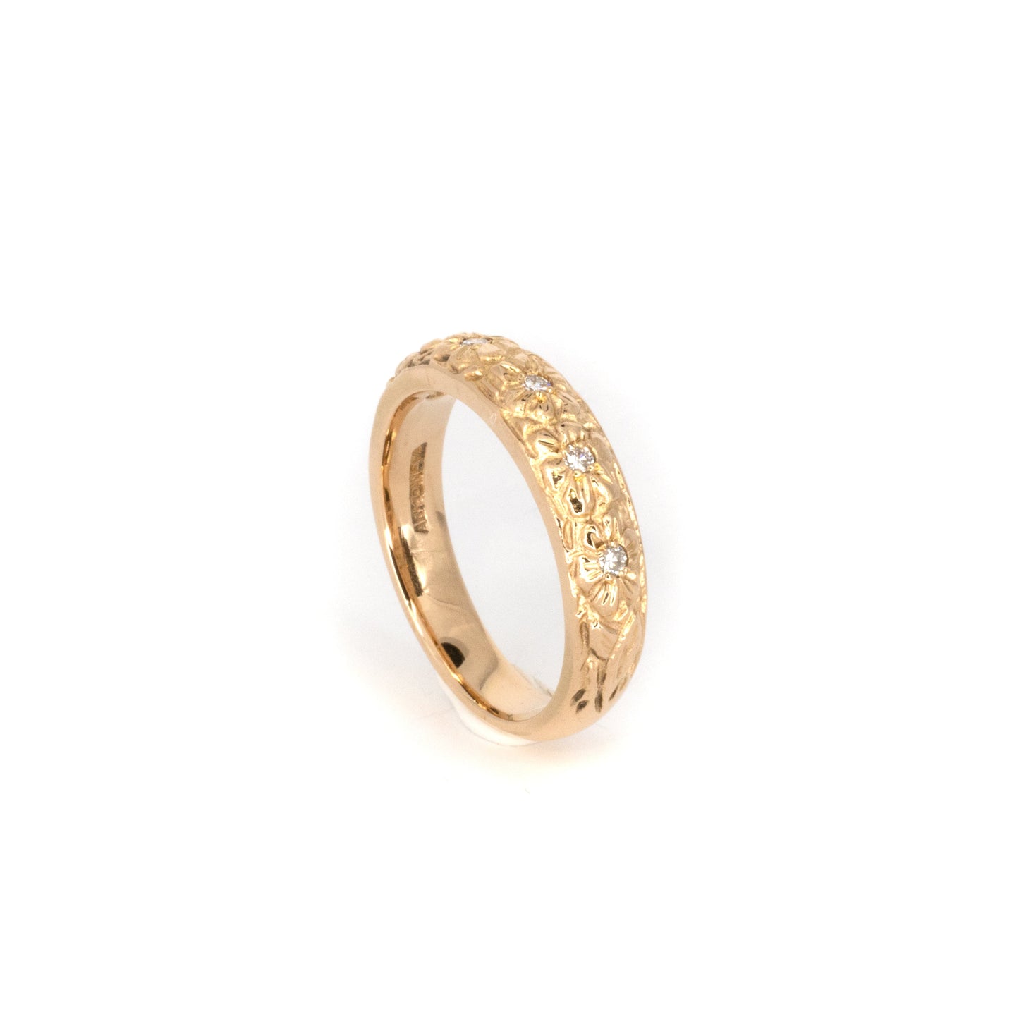 Engraved Floral Diamond Gold Band Ring