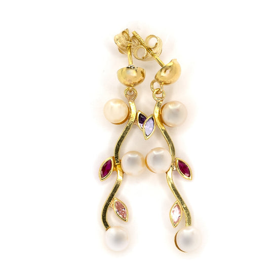 Pearl Drop Earrings with Multicoloured Gems
