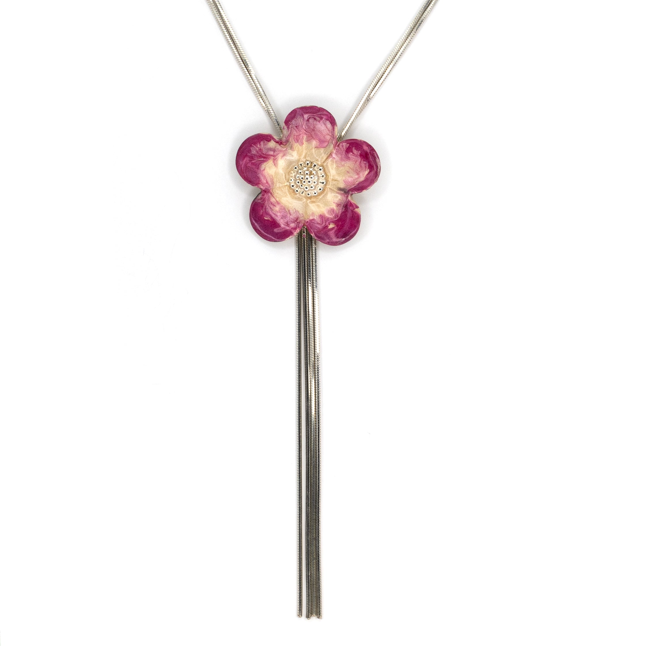 Lariat Flower Power Silver Necklace