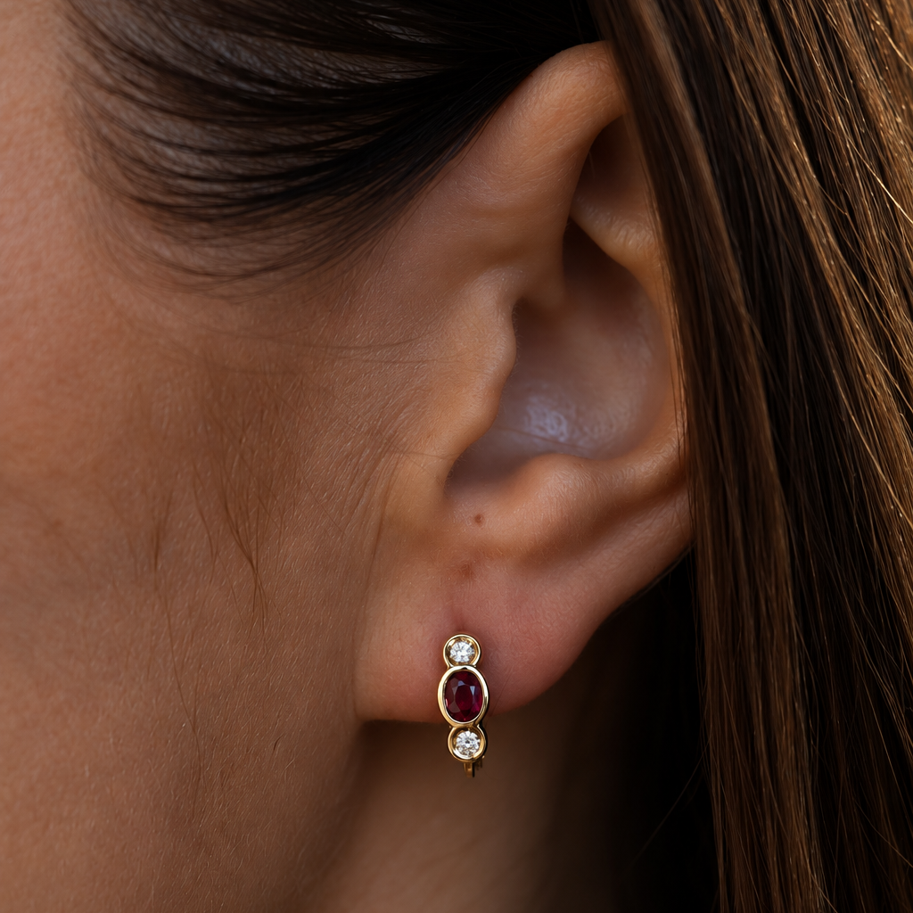Yellow Gold Red Ruby Earrings with Diamonds