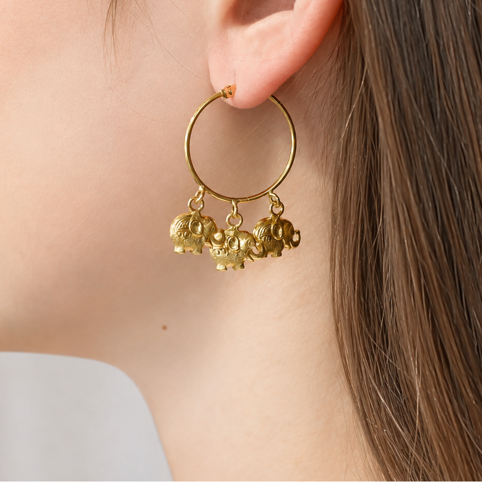 Yellow Gold Elephant Hoop Earrings