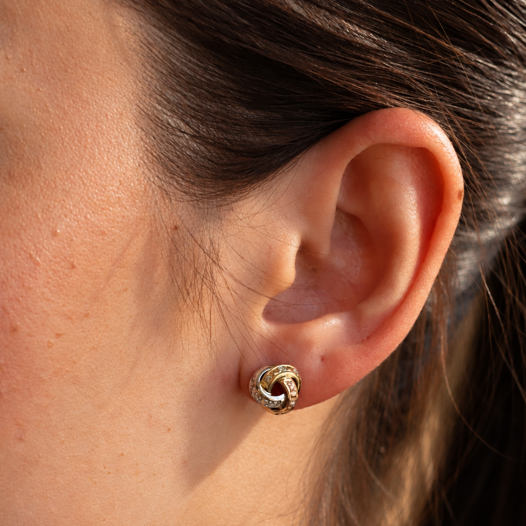 Tri Colour Gold Trinity Knot Diamond Earrings