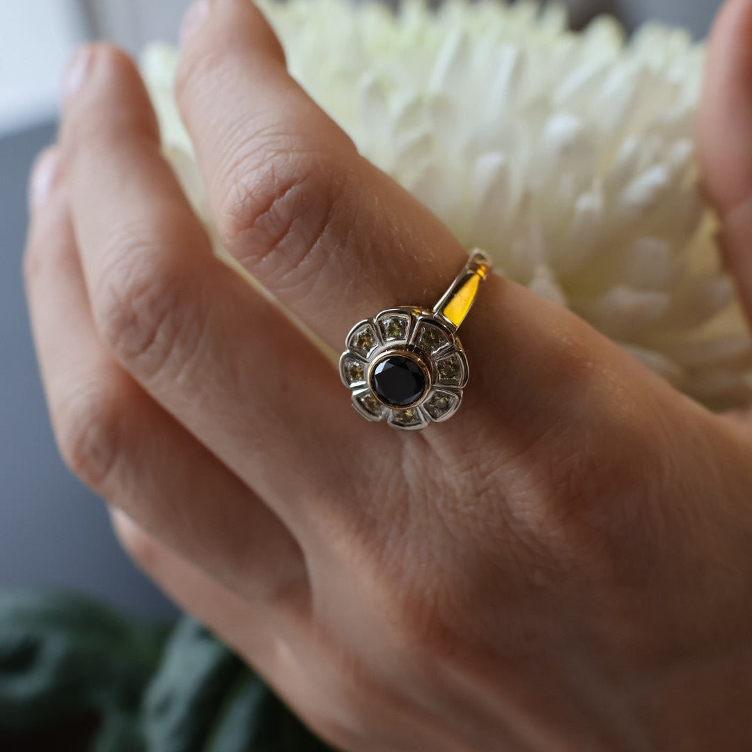 Vintage Black Diamond & Yellow Natural Sapphire Ring