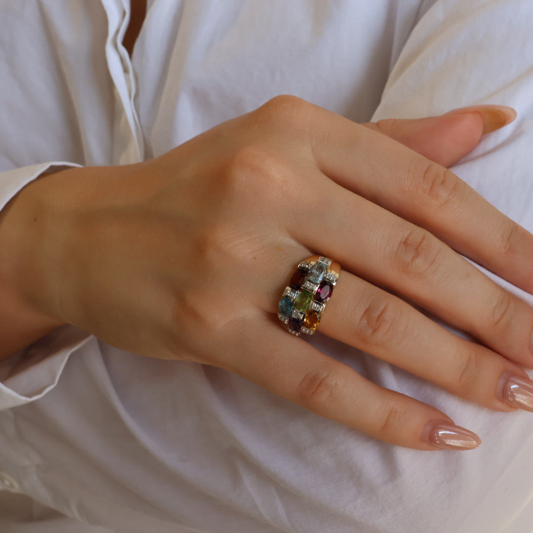 Yellow Gold Diamond Ring With Peridot, Citrine, Topaz , Amethyst And Garnet