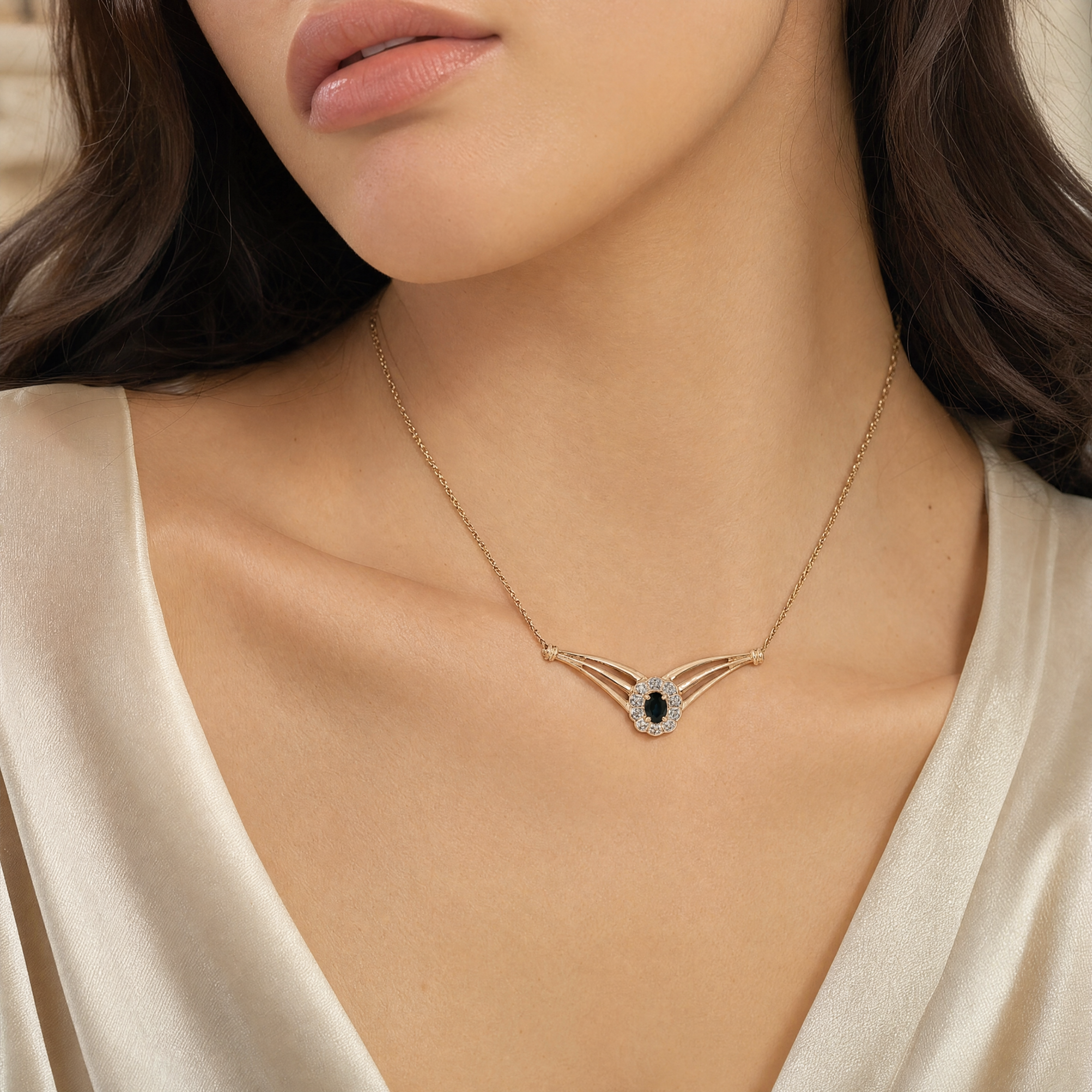 Yellow Gold Natural Blue Sapphire with Diamond Necklace