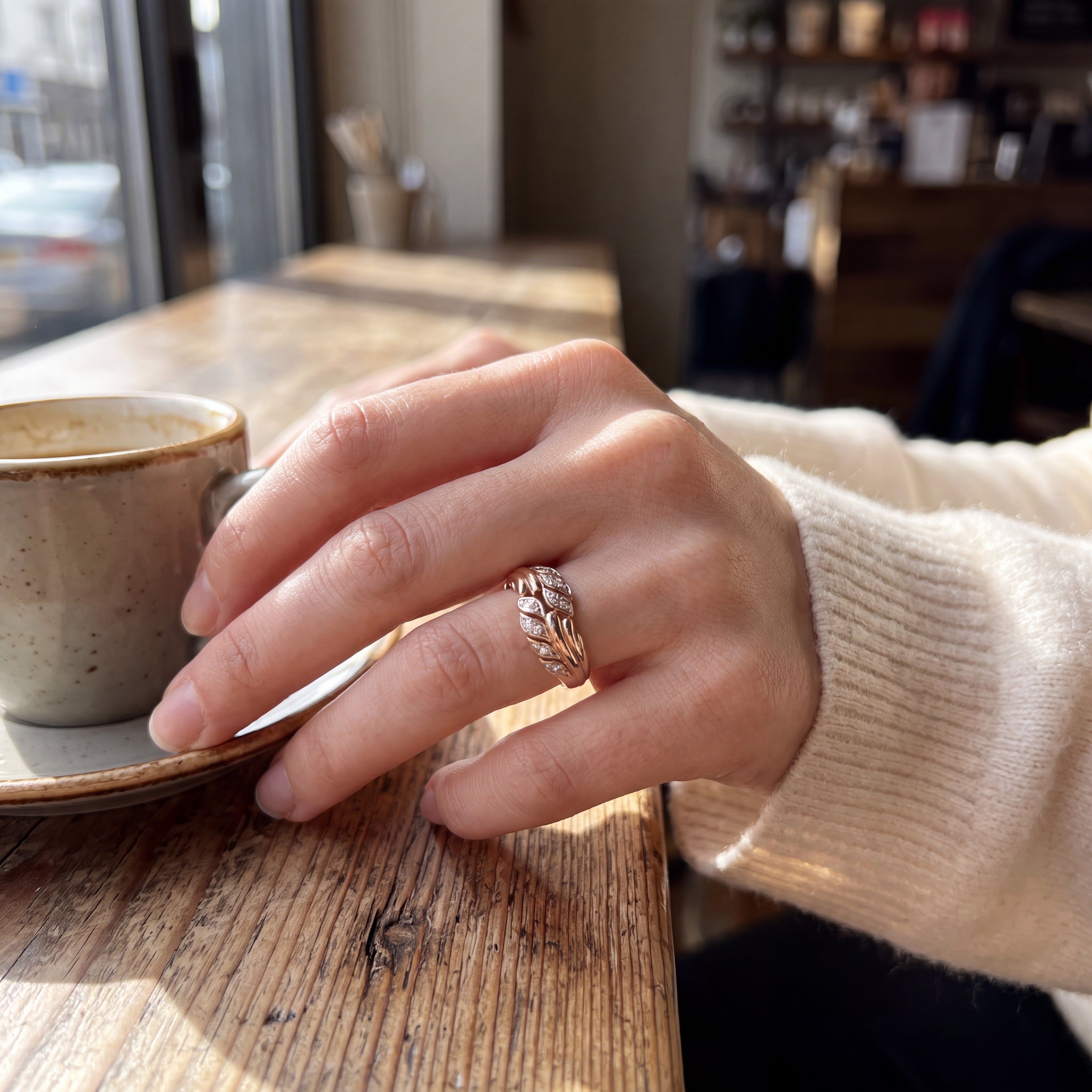 Yellow Gold Diamond Ring with Leaf Motif Band