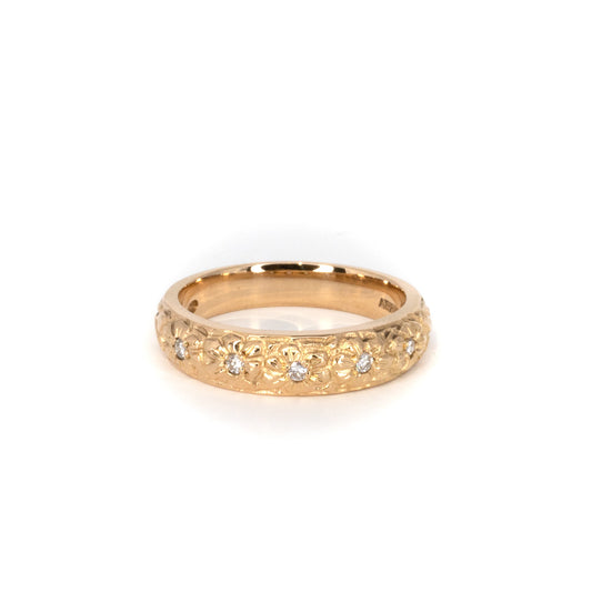 Engraved Floral Diamond Gold Band Ring