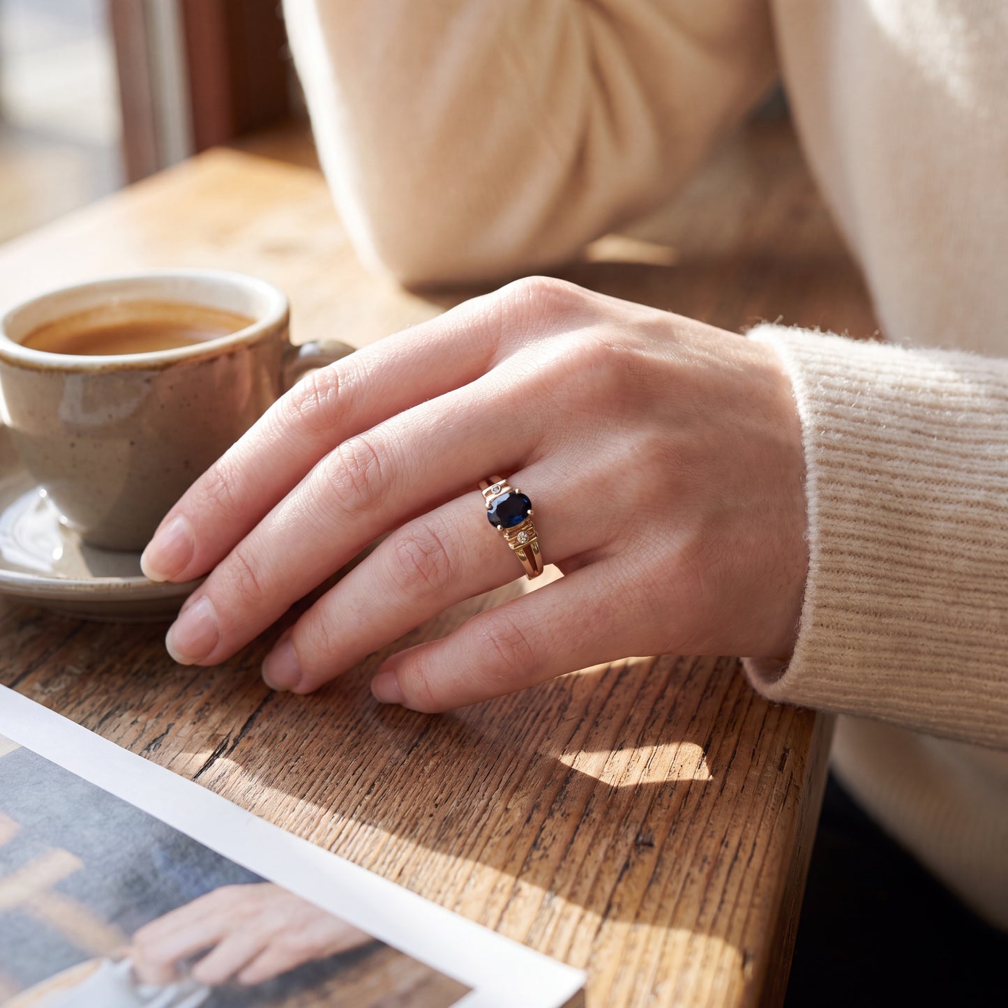 Yellow Gold Ring With Blue Natural Sapphire and Diamonds