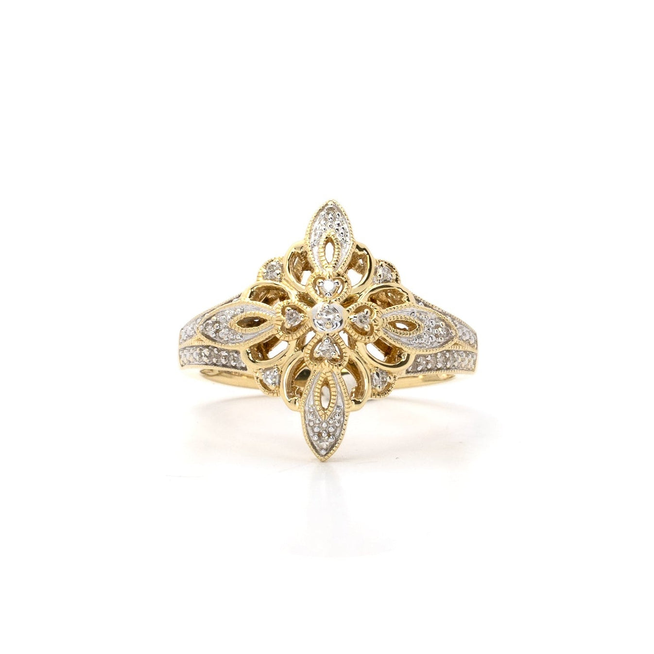 Yellow Gold Ring With Diamonds Floral Filigree